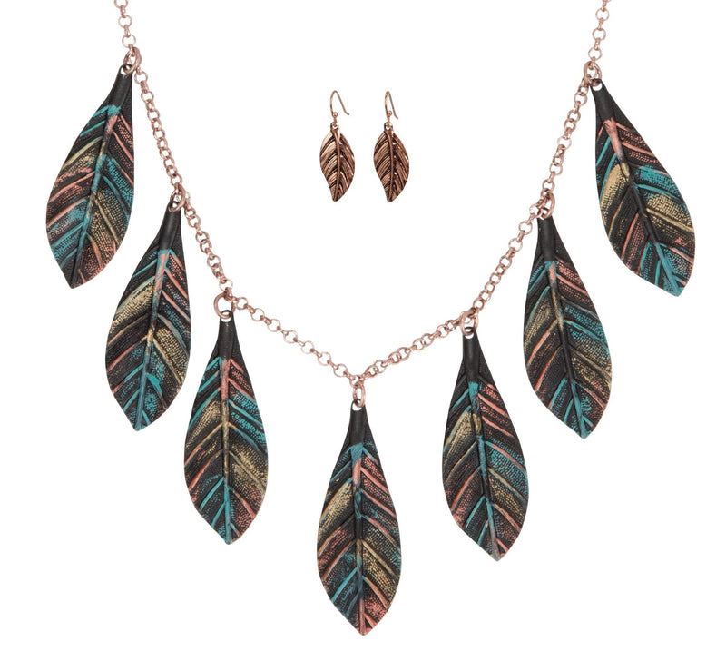 [Australia] - SPUNKYsoul Handmade Boho Leaf Necklace Earring Set with Detailed Texture for Women Copper Patina Set 