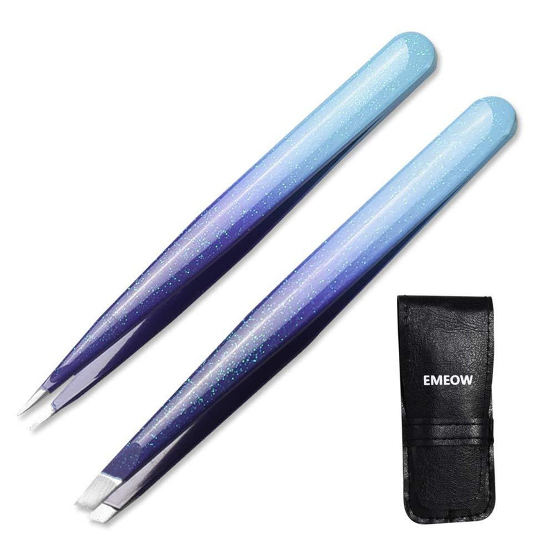 [Australia] - Precision Tweezers Set – Eyebrow Tweezers For Women Professional Stainless Steel Slant Pointed Tweezers For Ingrown Hair Removal, The Best Tweezer For Your Daily Beauty Routine – EMEOW Blue 