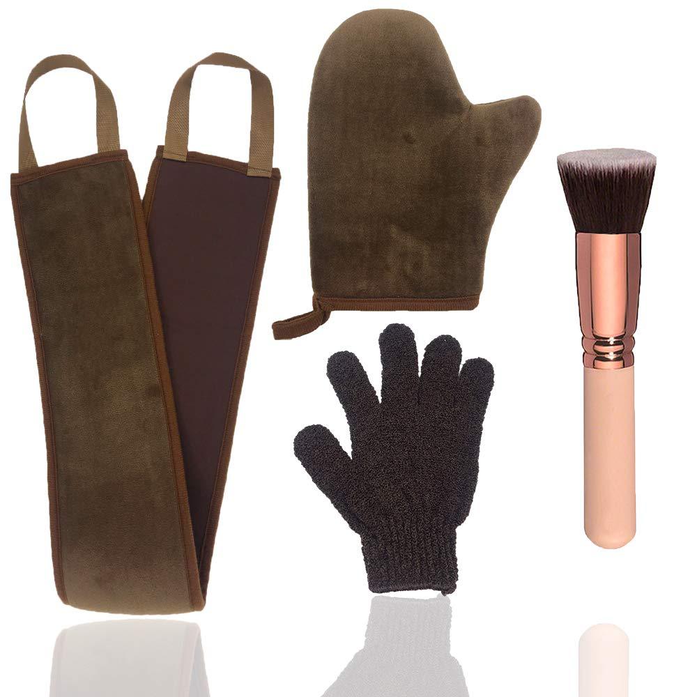 [Australia] - 4Pack Self Tanning Mitt Applicator Kit Set, with Self Tanner Mitt, Lotion Applicator for Back, Exfoliating Glove, Face Brush for Fake Bake Sunless Tan Brown 