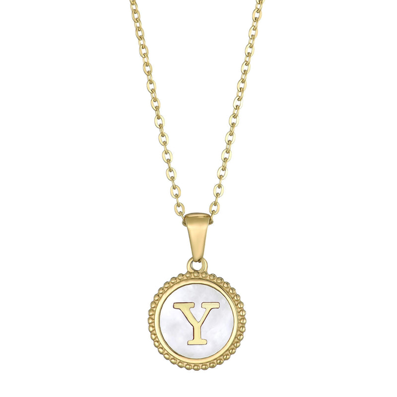 [Australia] - Glimmerst 18K Gold Plated Stainless Steel Initial Necklace White Shell Round Coin Letter Pendant Necklace Personalized Name Necklace for Women Girls Y 