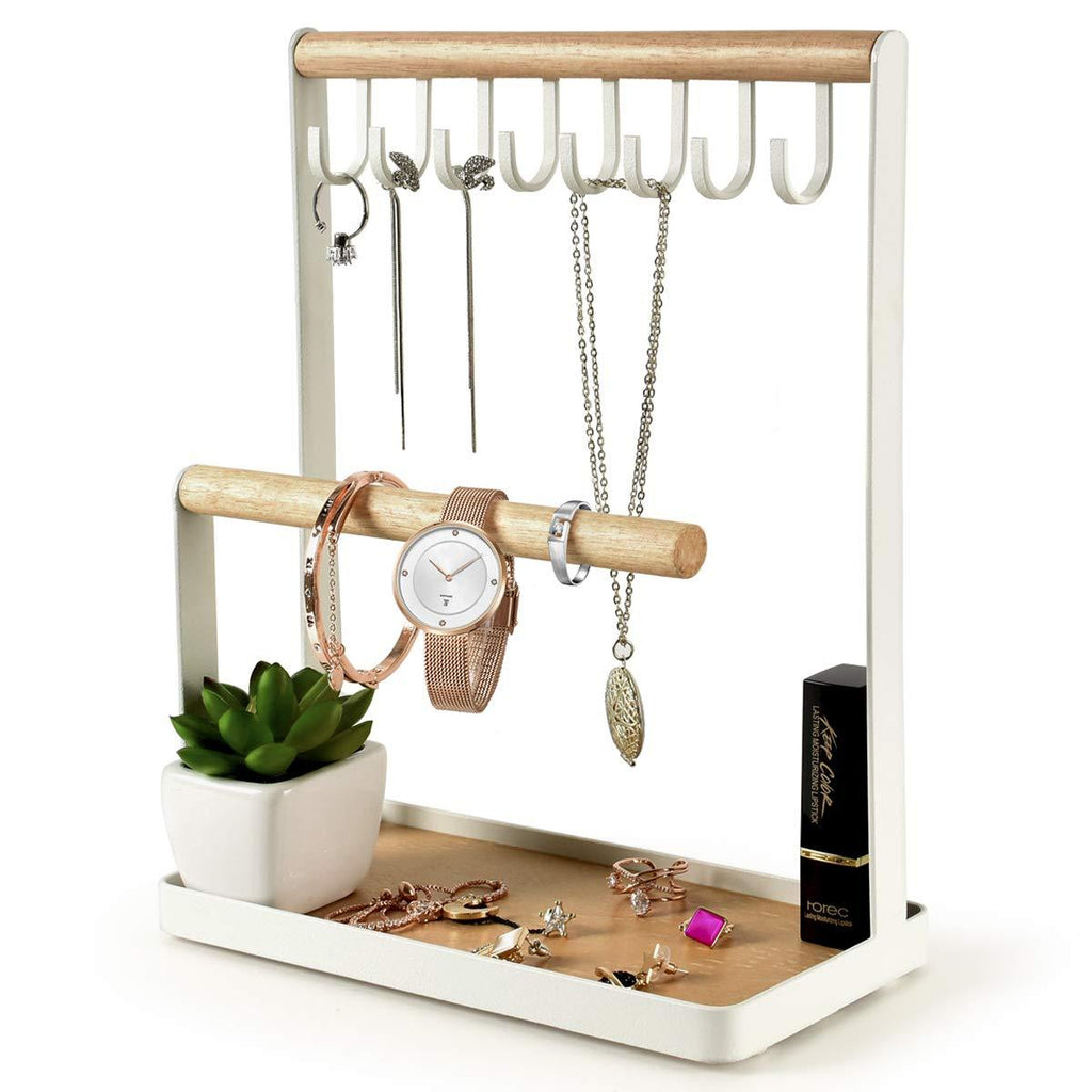 [Australia] - PAMANO Jewelry Stand Holder, 3-Tier Necklace Hanging Wooden Ring Organizer Earring Tray, 8 Hooks Storage Necklaces, Bracelets, Rings and Watches on Desk Tabletop- White 3T 