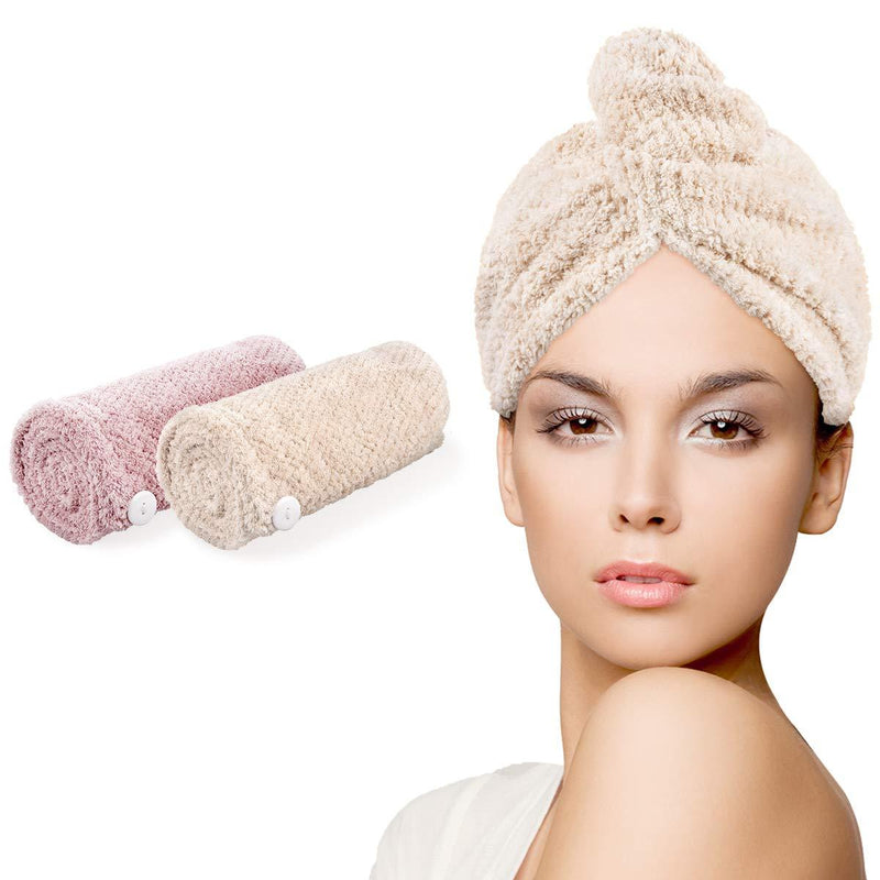 [Australia] - Ceephouge Microfiber Hair Towel Wrap for Women, 2 Pack Magic Quickly Dry Hair Drying Towels, Anti-Frizz Super Absorbent Hair Turban Towel (Pink+Beige) Pink+beige 