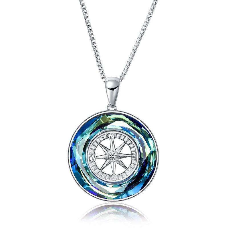 [Australia] - AOBOCO Compass Necklace Sterling Silver Circle Pendant Necklace with Swarovski Crystal,Jewelry Gift for Women Men Girls Blue Crystal 