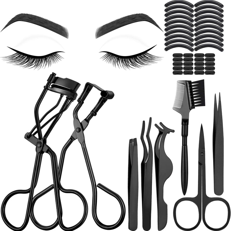 [Australia] - 48 Pieces Eyelash Curler Makeup Tools Set, include Mini Eyelash Curler Kit, Eyebrow and Eyelash Extension Tweezers, Eyelash Eyebrow Brush Comb and Eyelashes Scissors, Silicone Refill Pads (Black) 