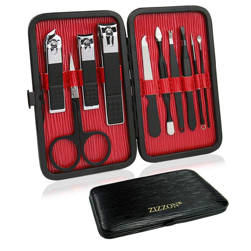 [Australia] - ZIZZON Travel Mini Manicure set Nail Clipper set 10 in 1 Stainless Steel Pedicure Care Grooming kit with Case Black 