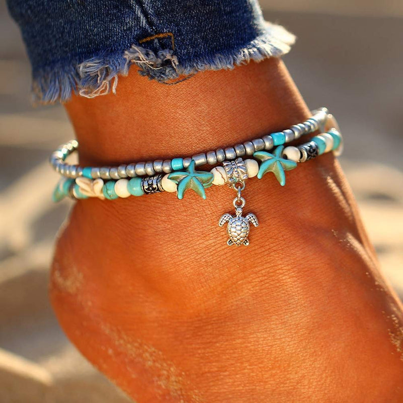 [Australia] - Earent Boho Turquoise Anklet Silver Double Sea Turtle Pendant Ankle Bracelets Beach Starfish Foot Jewelry Adjustable for Women and Girls 