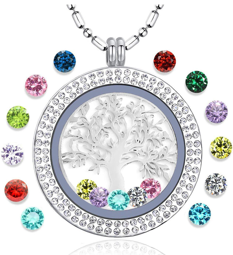 [Australia] - AZNECK Tree of Life Floating Charm Living Memory Lockets Pendant Necklace Stainless Steel Toughened Glass Gifts for Mom Family sp-01 
