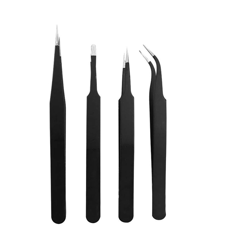 [Australia] - UUYYEO 4 Pieces Stainless Steel Anti-Static Tweezers Set for Eyelash Extension Straight and Curved Pointed Tweezers 