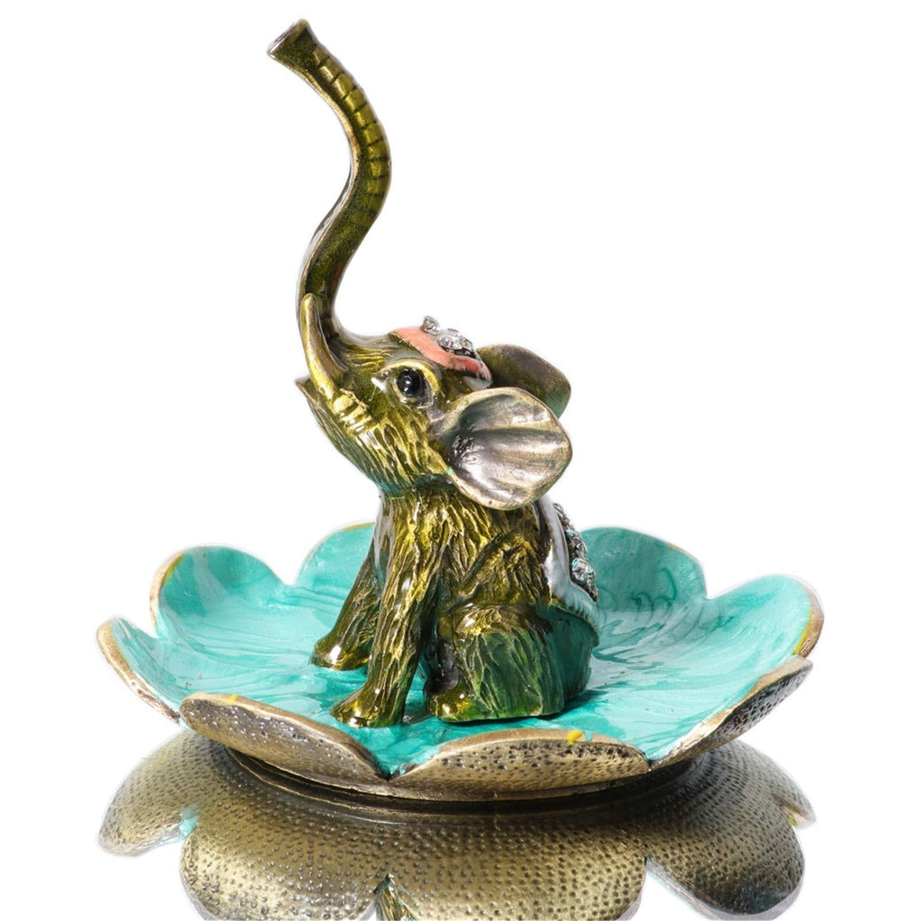 [Australia] - Waltz&F Raise Nose Elephant on Petal Metal Ring Jewelry Holder Trinket Box Figurine Collectible Table Centerpiece Decor 