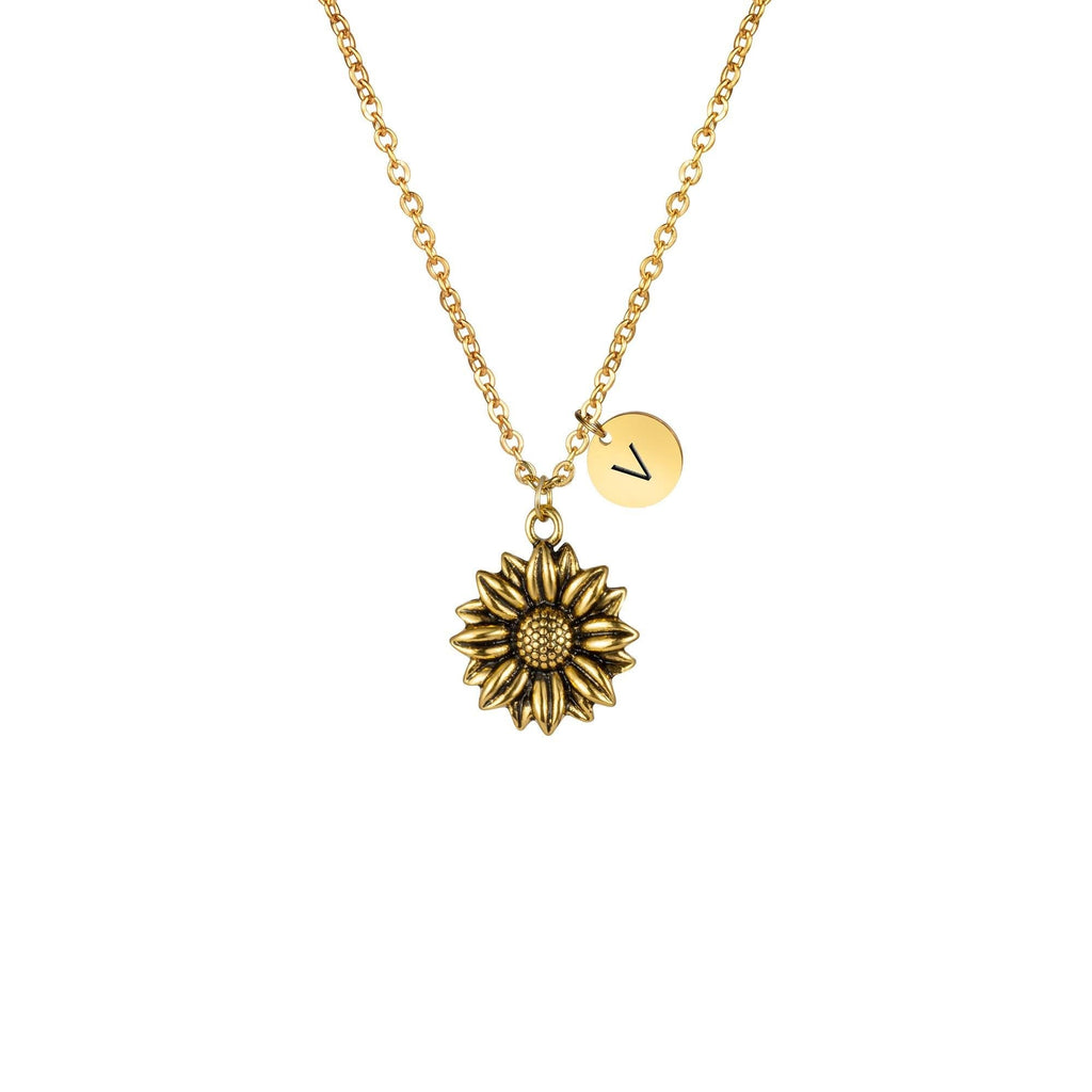 [Australia] - Joycuff Sunflower Necklace Dainty Letter Jewelry Antique Gold Daisy Flower Charm Chain Pendant Personalized Monogram Inspirational Gifts for Her Women Daughter Sister Wife Best Friend V 