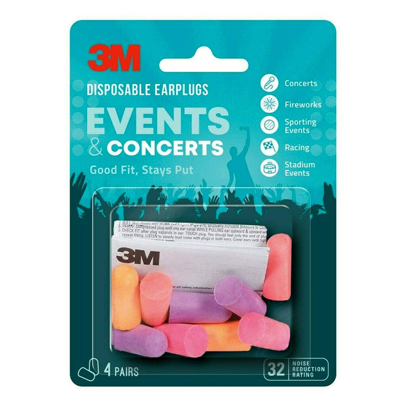 [Australia] - 3M Disposable Earplugs, Hearing Protection for Events & Concerts, Mutli-Color, 32 NRR, 4-Pairs 
