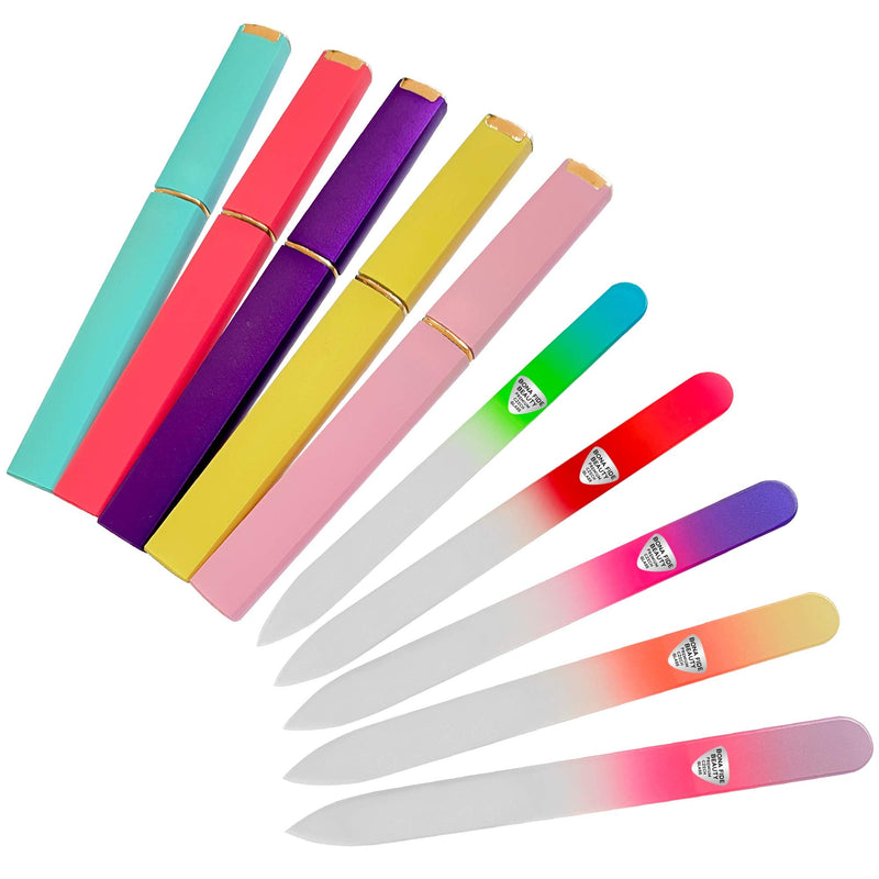 [Australia] - 5-Piece Glass Nail File Set with Hard Cases, Professional Manicure Glass Fingernail Files, Gently Shape Nails with Expert Precision & Enjoy a Smooth Finish - Bona Fide Beauty Premium Czech Glass Tealpurpleyellow 