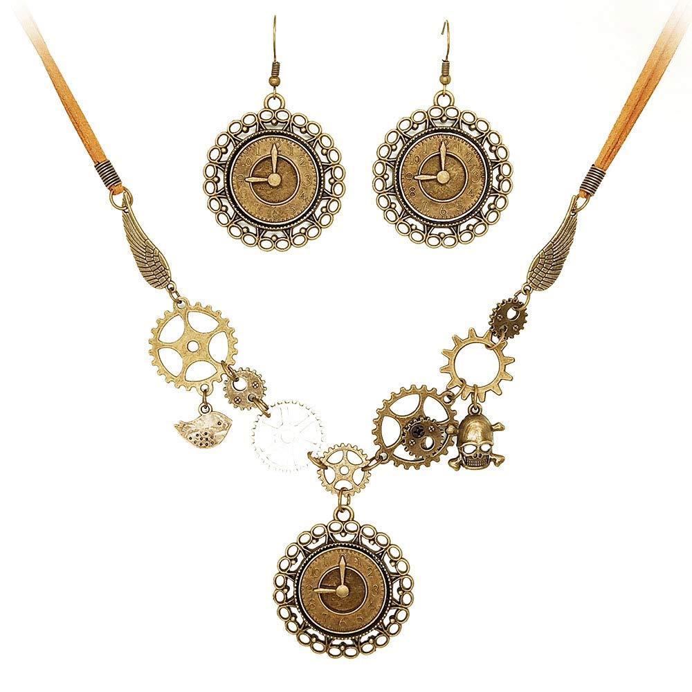 [Australia] - Juland Steampunk Gears Pendant Statement Necklace Vintage Bronze & Silver Watch Clock Clockwork Hand Gear Cog Handmade Kinetic Winged Gear Necklace and Earring Set - Y503 