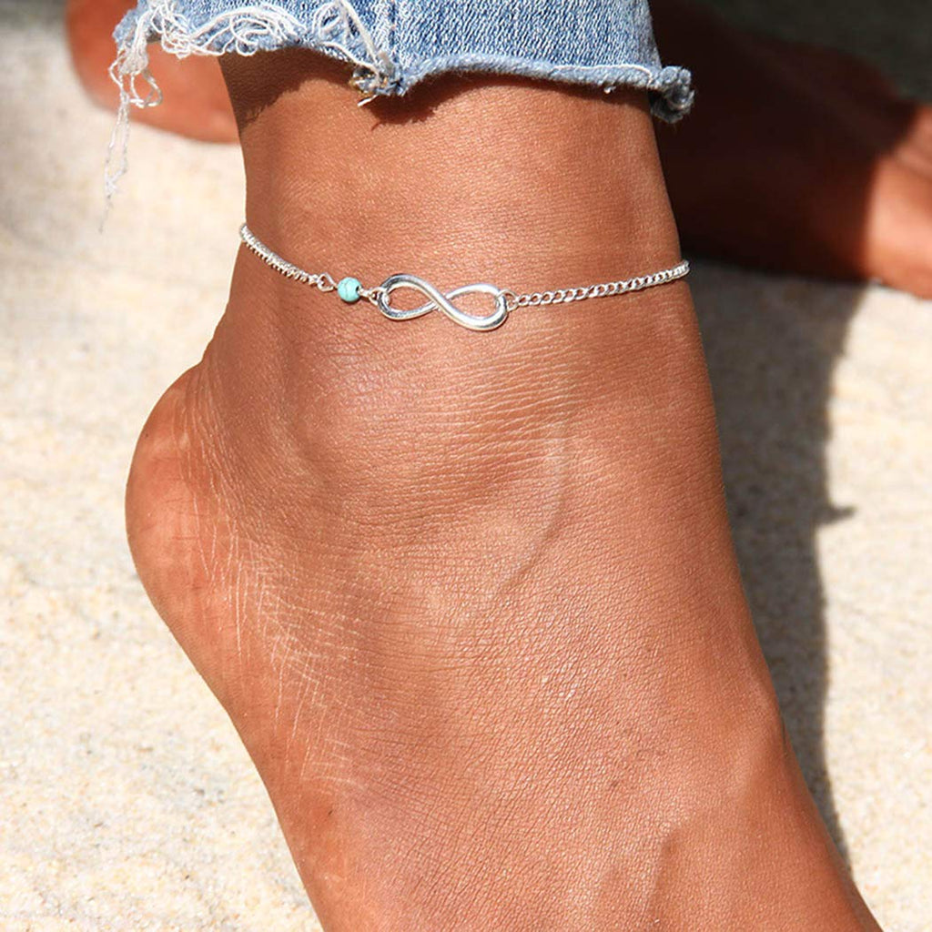 [Australia] - Ronglia Boho Anklets Infinity Bracelets and Anklet Silver Turquoise Beach Foot Jewelry for Women and Girls 