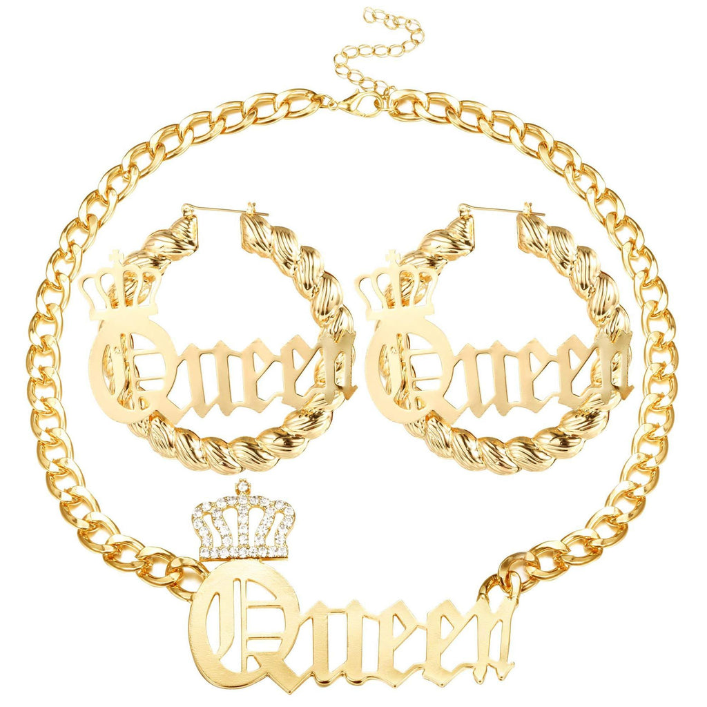 [Australia] - sailimue Queen Pendant Curb Chain Necklace with Oversize Statement Bamboo Hoop Earring Set for Women Gold Plated Color Punk Style Hip Hop Rapper A:Twist Earring+Queen Necklace 