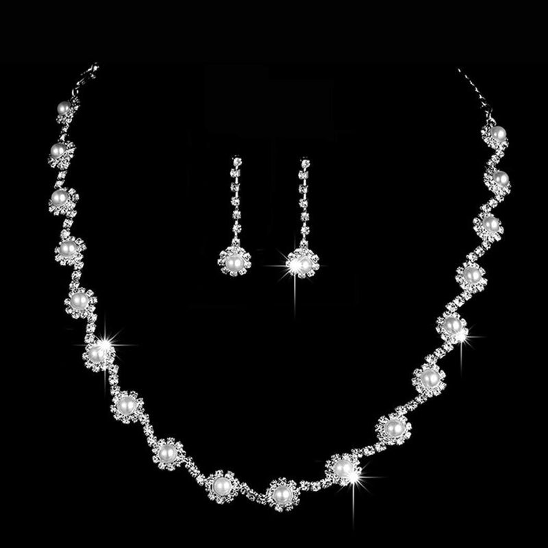 [Australia] - Aukmla Bride Wedding Pearl Necklace Earrings Set Silver Crystal Necklaces Jewelry Accessories for Women and Girls (Set of 3) 
