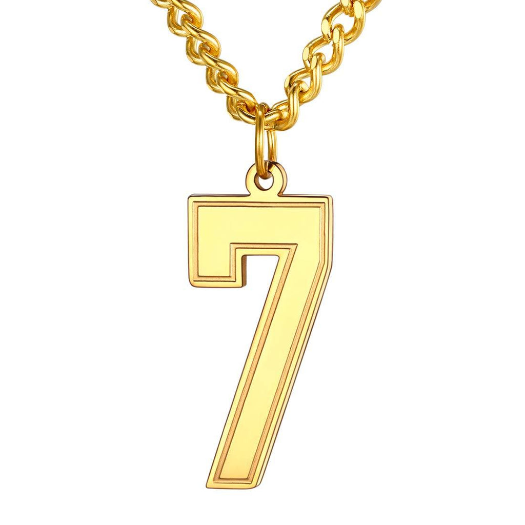 [Australia] - U7 Jersey Number Necklace| Baseball Basketball Football Sport Fan Gift|18K Gold Plated Stainless Steel 0-9 Lucky Number Charm Pendant for Men Women, Chain 22-24 Inch, Custom Text Engrable A: Gold Number 7 