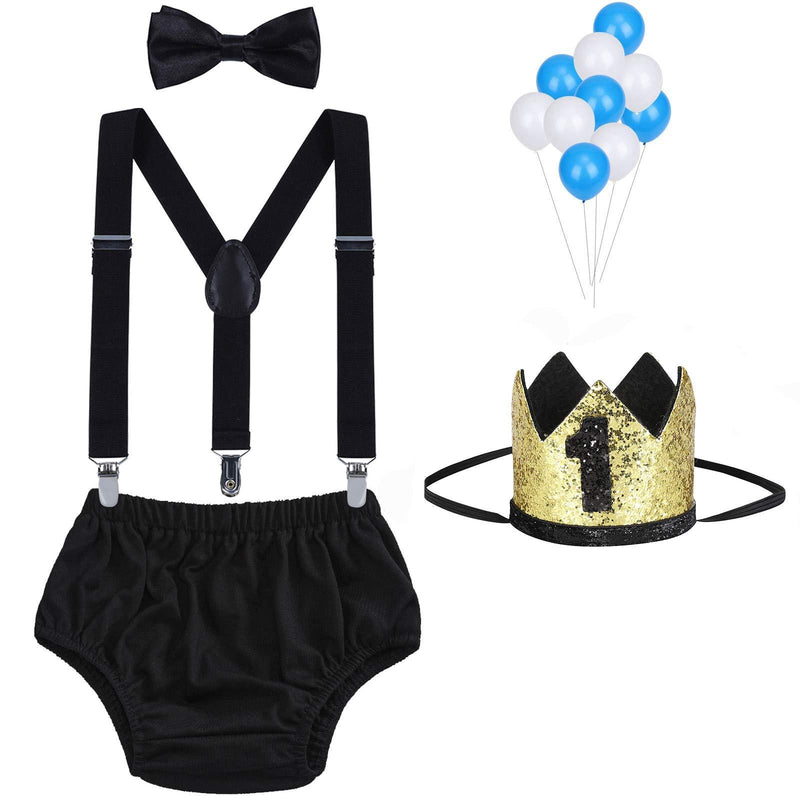 [Australia] - WELROG Baby Boys First Birthday Cake Smash Outfit Bow Tie Suspenders Bloomers Birthday Hat Sparkle Gold Set Black 