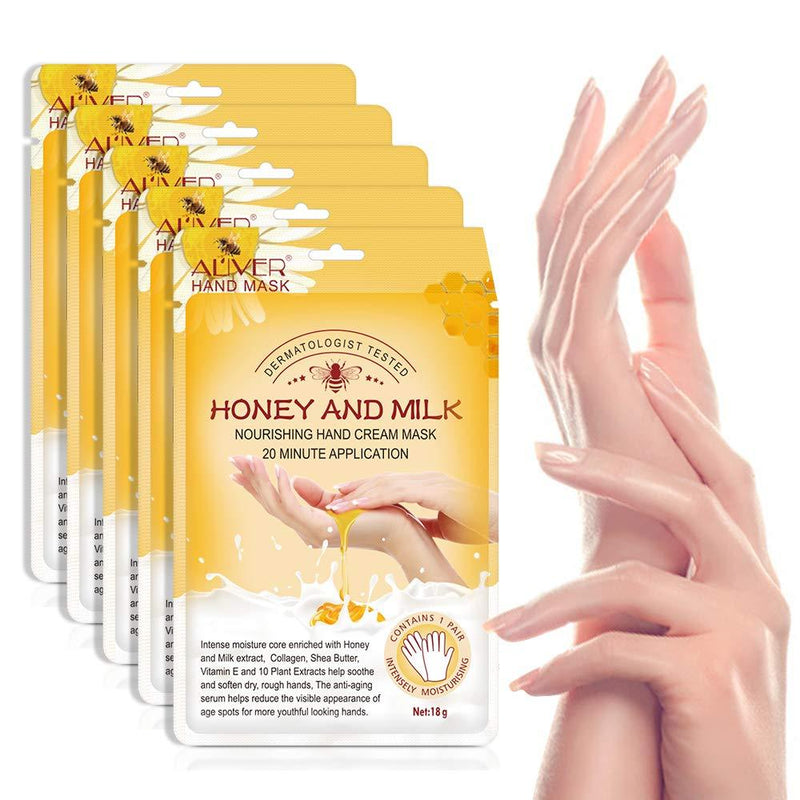 [Australia] - Hand Moisturizing Mask, (5 Pack) Honey and Milk Gloves, Moisturizing Natural Therapy Gloves, for Dry Aging Cracked Hands Repair Rough Skin for Men Women honey mask 
