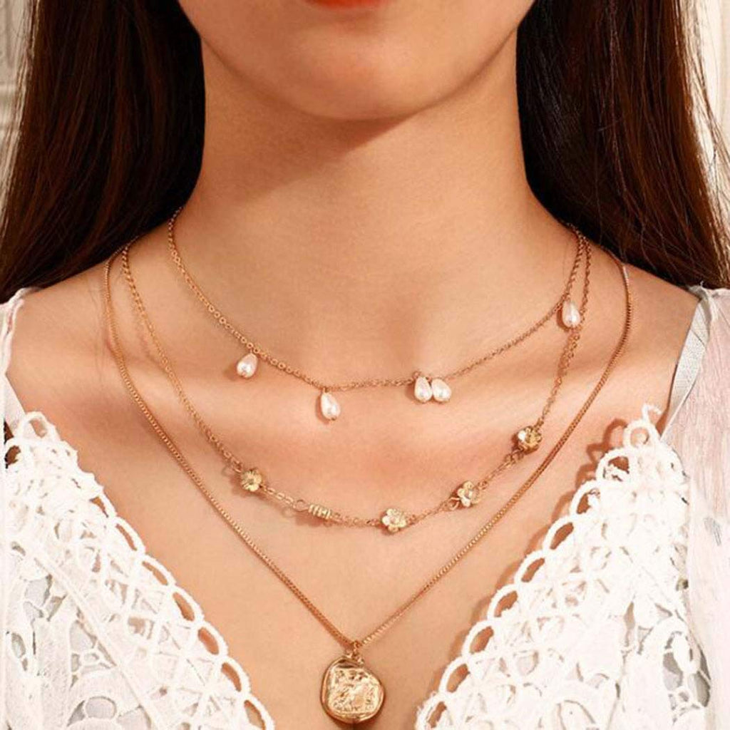 [Australia] - Adflyco Boho Layered Pearl Choker Necklace Gold Flower and Coin Pendant Necklaces Chain Jewelry Adjustable for Women and Girls 