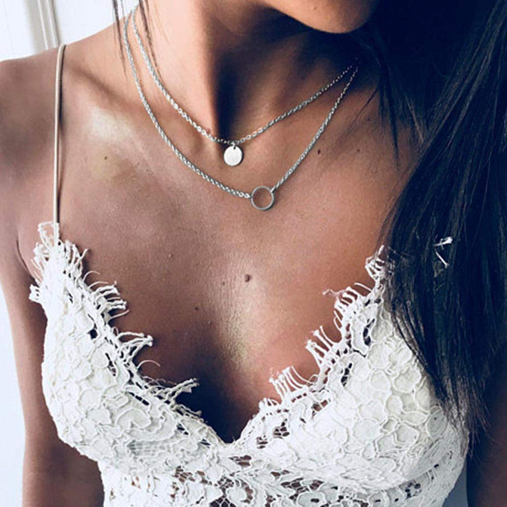 [Australia] - Adflyco Boho Layered Sequins Necklace Circle Pendant Necklaces Chain Jewelry Adjustable for Women and Girls (silver) silver 