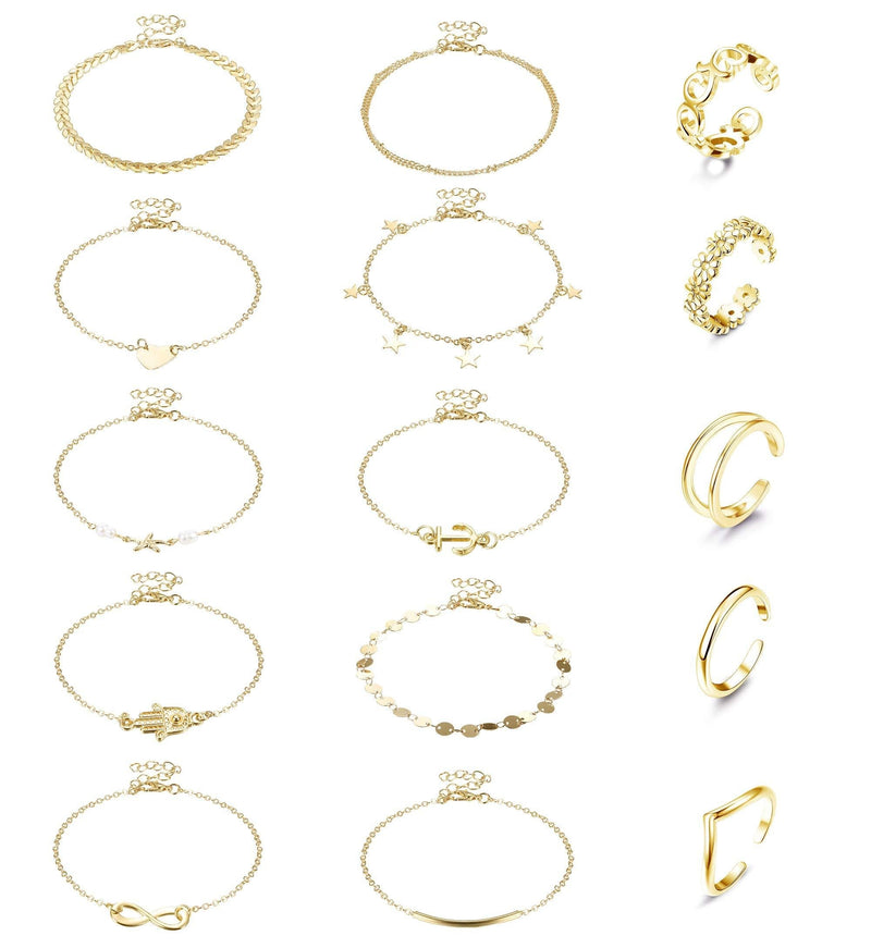 [Australia] - Hanpabum 15 Pcs Anklets and Toe Ring Set for Women Silver Gold Rosegold Beach Chain Layered Ankle Bracelets Open Toe Rings Foot Jewelry Gold Tone 