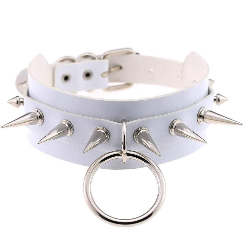 [Australia] - eYLun Women Girls Leather Choker Collar Necklace O-Ring Vintage Gothic Punk Rock Rivet Necklace White 