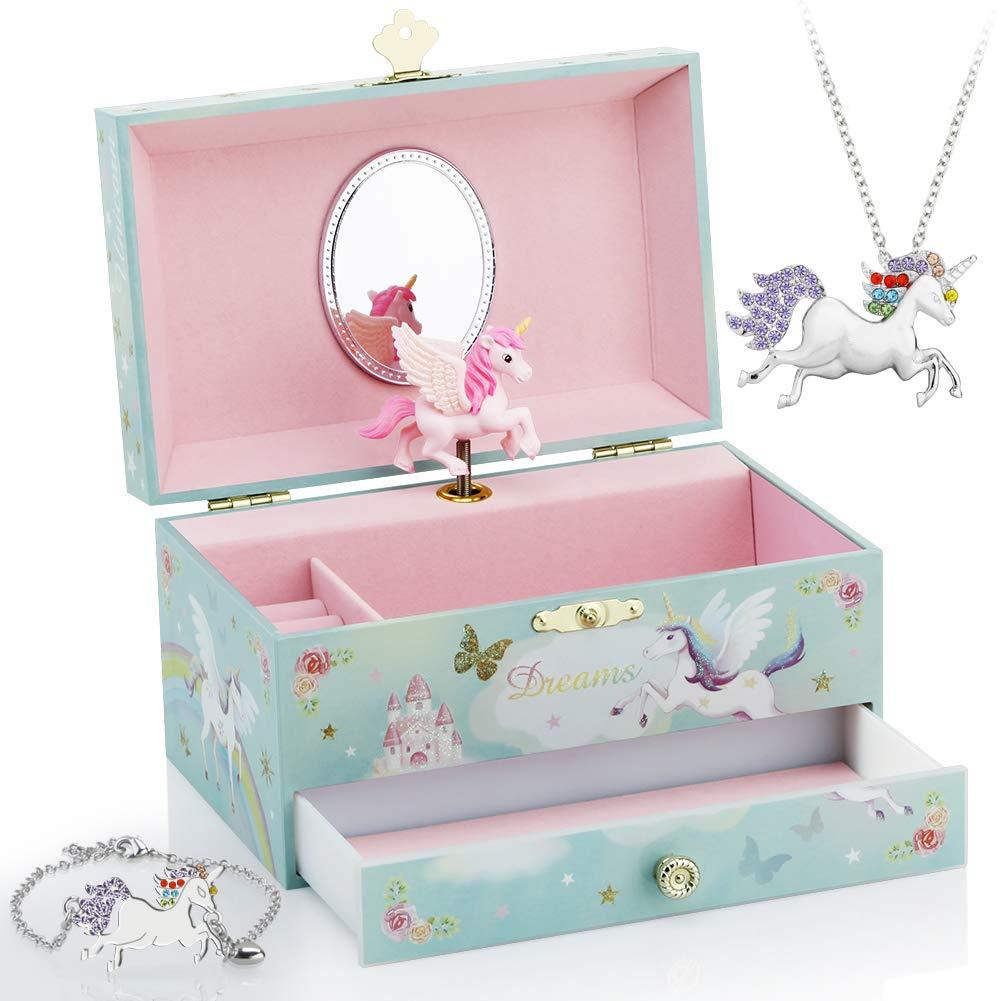 [Australia] - Kids Musical Jewelry Box with Big Drawer and zirconia stones Jewelry Set with Spinning Unicorn and Glitter Rainbow Butterfly Design - Blue Danube Tune 