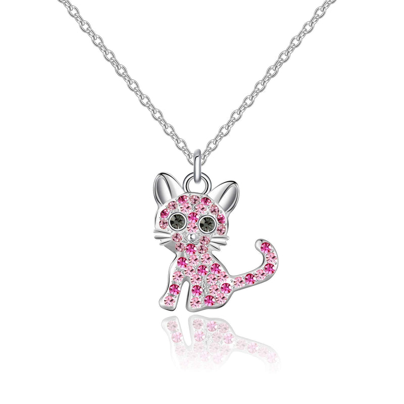 [Australia] - Girls Cat Birthstone Necklaces Jewelry,Silver Plated Kitty Dog Pendant Gifts Set for Women Boys Men Girls Pink 