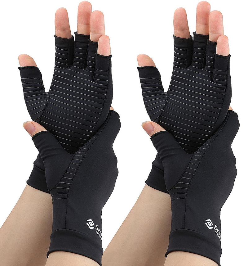 [Australia] - 2 Pairs Compression Gloves for Women and Men – Copper Arthritis Gloves for Rheumatoid Arthritis Osteoarthritis Carpal Tunnel – Hand Pain Relief and Support – Open Finger Black Medium (2 Pair) 
