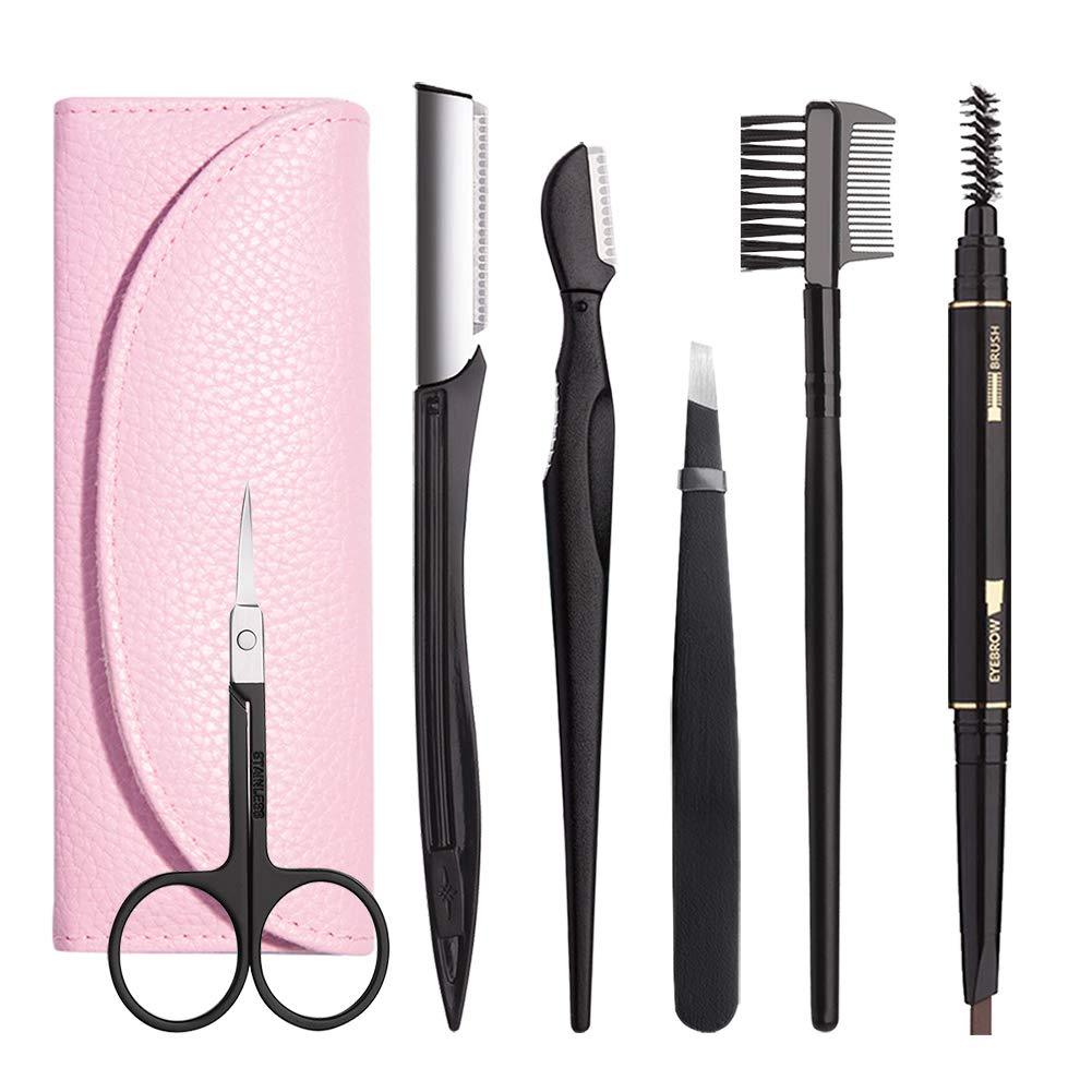[Australia] - Eyebrow Kit, BOYI 6 in 1 Tweezers for Eyebrows, All-in-one Eyebrow Grooming Set Dermaplaning Tool Eyebrow Razor Brush Scissors Brown Eyebrow Pencil with Leather Pouch (A-Pink) A-Pink 