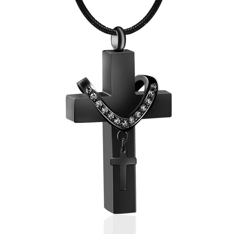 [Australia] - LYFML Titanium Steel Cross Memorial Cremation Jewelry for Ashes, Urn Necklace Pendant Keepsake Inlaid with Crystal, Come with Filling Kit Black 