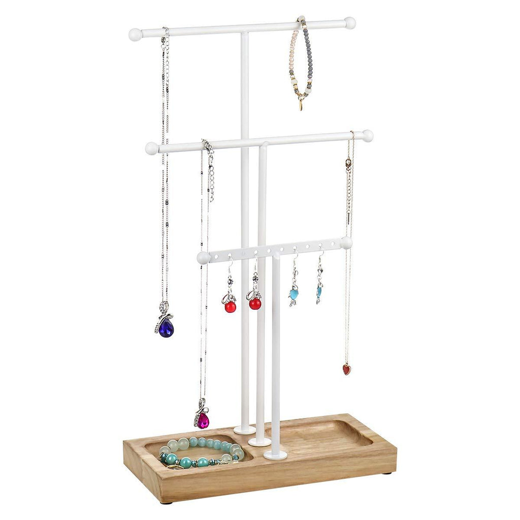 [Australia] - MORIGEM 3 Tier Jewelry Organizer, Multifunctional T-bar Jewelry Stand with Solid Wood Base for Bracelet, Necklace & Earring Display, Natural Color - White #1 