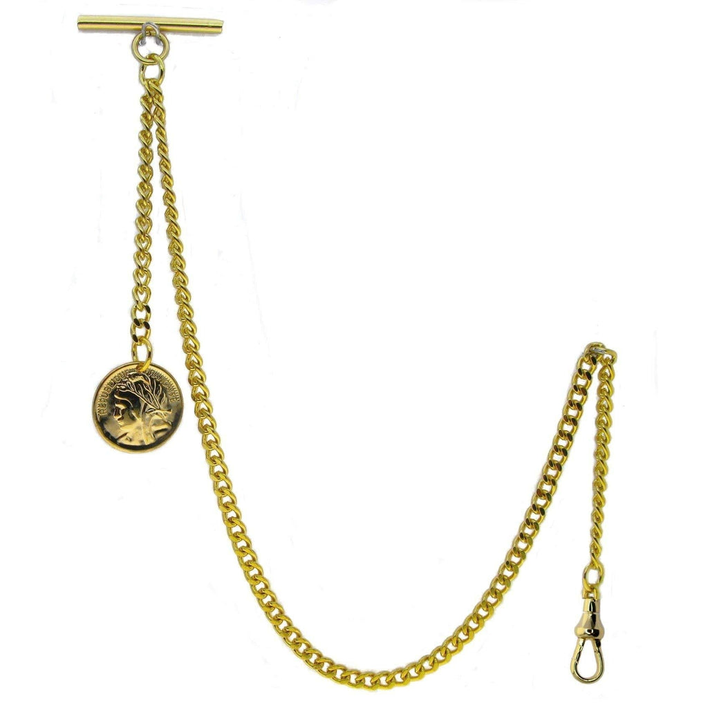 [Australia] - WATCHVSHOP Albert Chain Gold Tone Pocket Watch Chain Vest Chain for Men Fob T Bar with Swivel Clasp and Ancient France Coin Design Medal Charm Fob AC78A 