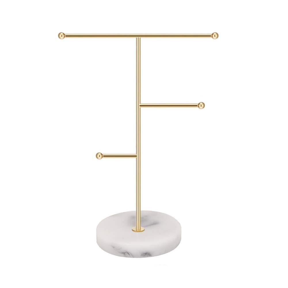 [Australia] - Feelava Jewelry Organizer,Solid Marble Gold T-Bar Necklace Display Stand Earrings Holder for Home with Marble Pattern Round Tray Jewellery Stand for Necklaces, Bracelets, Earrings, Rings and Watches, Medium 