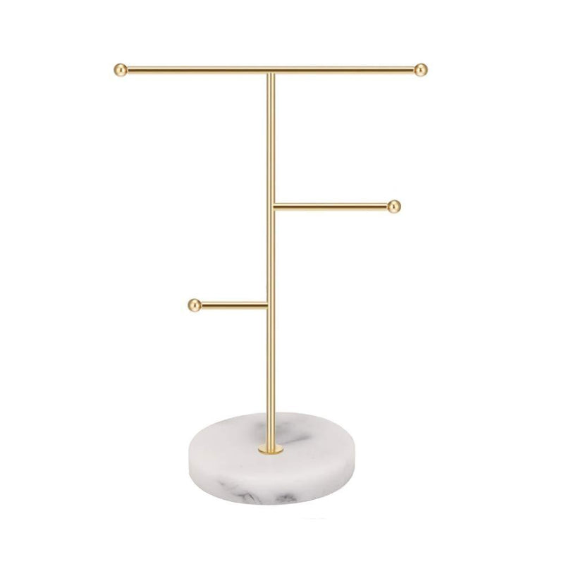 [Australia] - Feelava Jewelry Organizer,Solid Marble Gold T-Bar Necklace Display Stand Earrings Holder for Home with Marble Pattern Round Tray Jewellery Stand for Necklaces, Bracelets, Earrings, Rings and Watches, Medium 