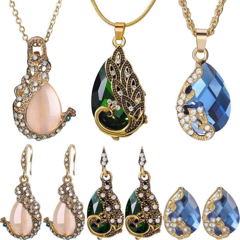 [Australia] - Hicarer 6 Pieces Women Elegant Necklace Set Peacock Waterdrop Rhinestone Pendant Necklace Crystal Peacock Pattern Earrings Jewelry 