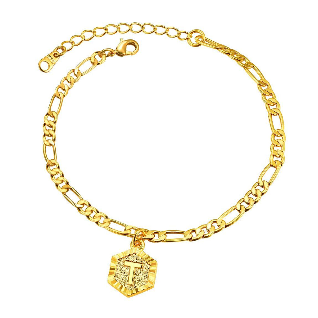 [Australia] - ChainsPro Lady Beach Jewelry-26 Initial Anklet, 18K Gold Plated/Silver Color/Rose Gold Plated-22+5cm-Adjustable (Send Gift Box) 1-T-gold plated 