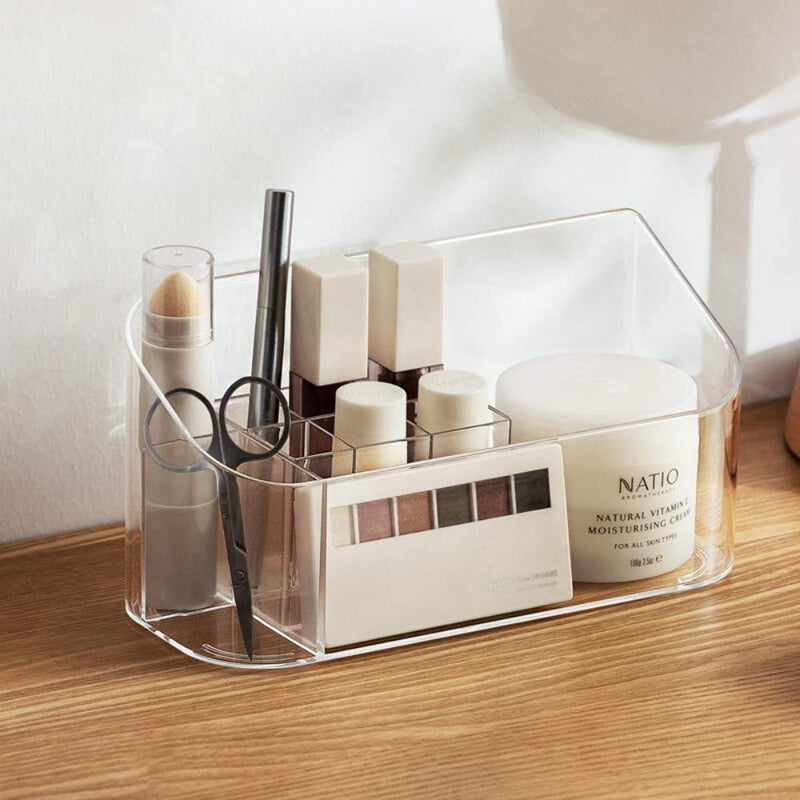 [Australia] - SUNFICON Makeup Tray Organizer Bathroom Cabinet Cosmetic Storage Tray Holder Countertop Vanity Makeup Display Tray Case with 9 Compartments 2 Removable Dividers for Beauty Essentials Crystal Clear 