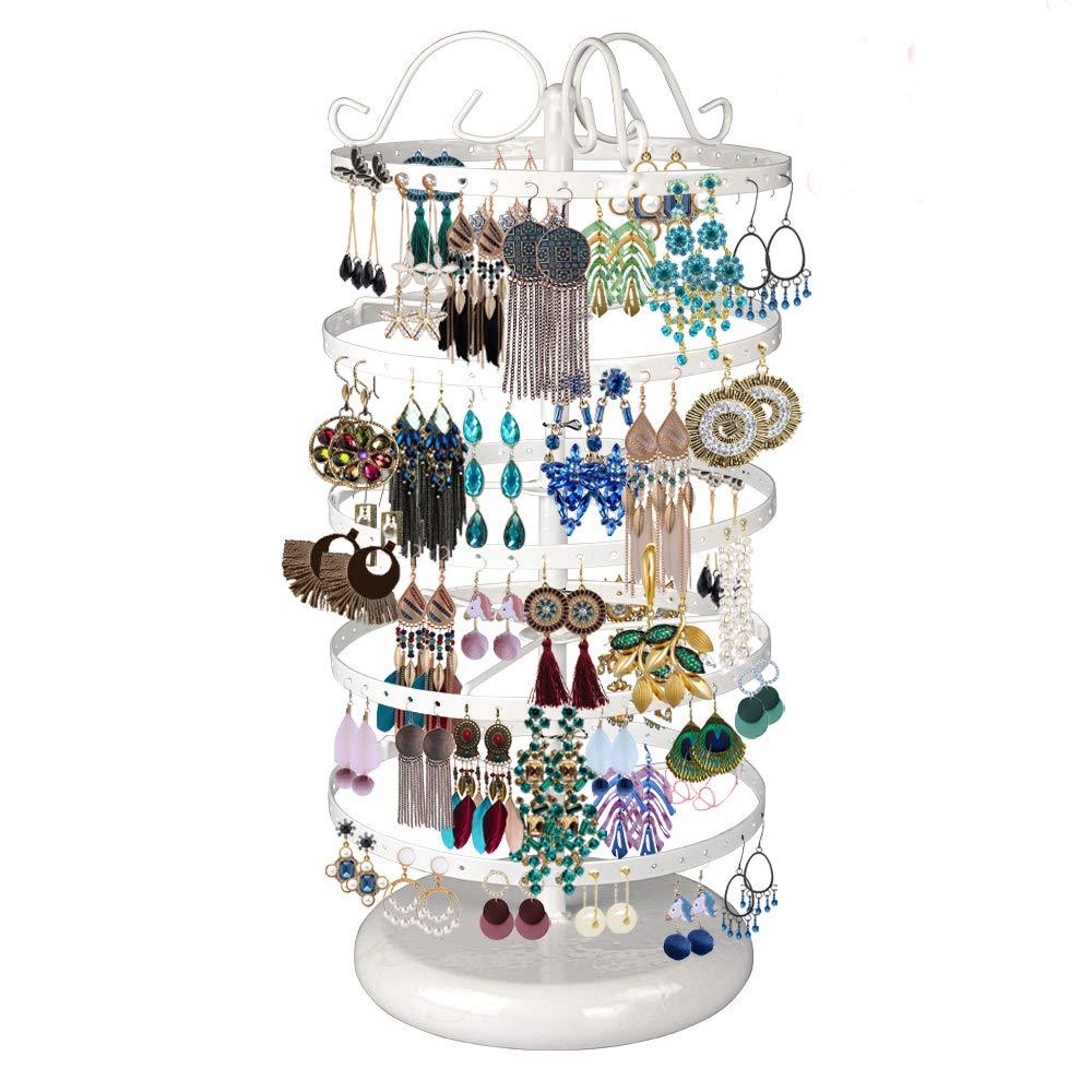 [Australia] - 5 Tiers Metal Rotating Earring Holder Organizer, TANOKY Exquisite Jewelry Display Stand Necklace Rack Holder, 220 Holes for Earrings- 14x6.3 Inch (White) White 