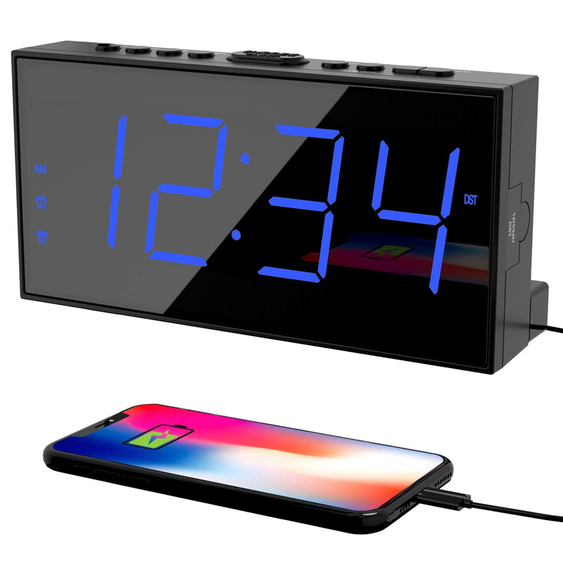 [Australia] - Digital Dual Alarm Clock for Bedroom, Large Display Bedside Clock with Battery Backup, USB Phone Charger, Volume, Dimmer, Easy to Set Loud LED Clock for Heavy Sleepers Kid Senior Teen Boy Girl Kitchen Blue Digits 