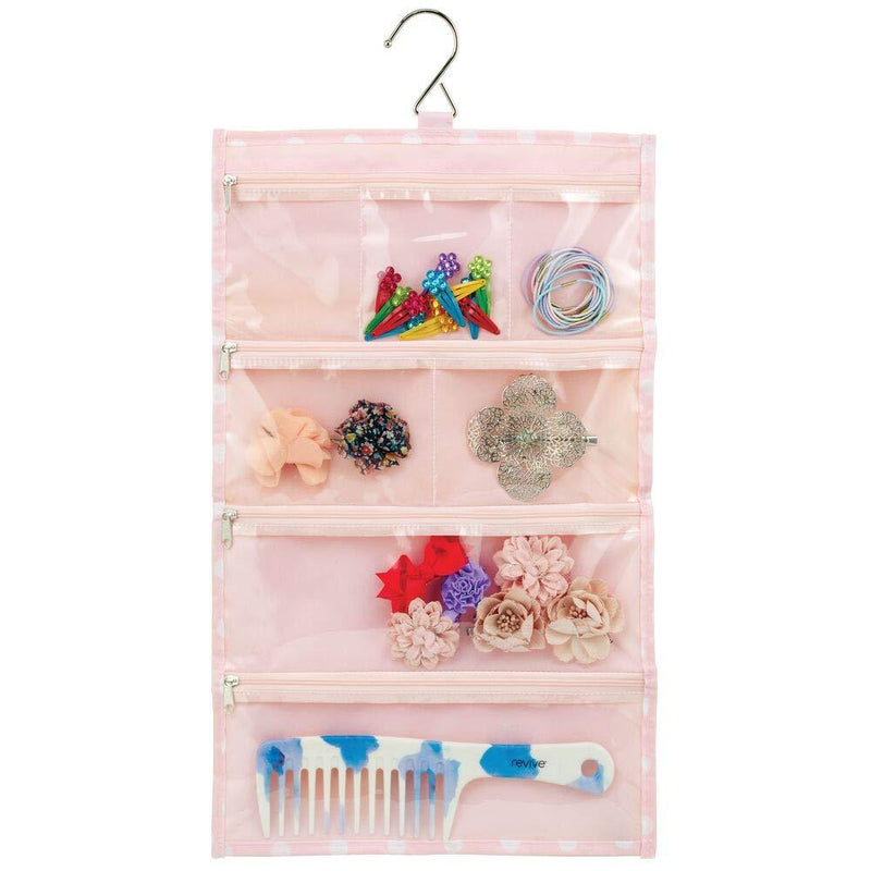 [Australia] - mDesign 7 Pocket Hanging Jewelry Organizer Storage Bag with Over Closet Rod Hanging Hook with Zipper Pockets - Easy-View Clear Pockets with Fabric Backing and Trim, Reinforced Top, Double Sided - Pink 