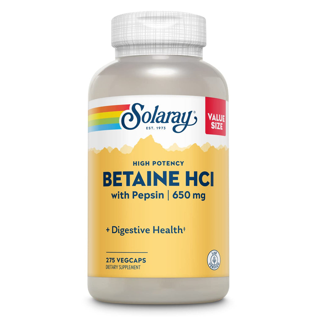 [Australia] - Solaray Betaine HCL with Pepsin, High Potency Hydrochloric Acid Formula, Healthy Digestion Supplement, Digestive Enzymes for Gut Health Support, 60-Day Guarantee (275 Servings, 275 Veg Caps) 275 Count (Pack of 1) 