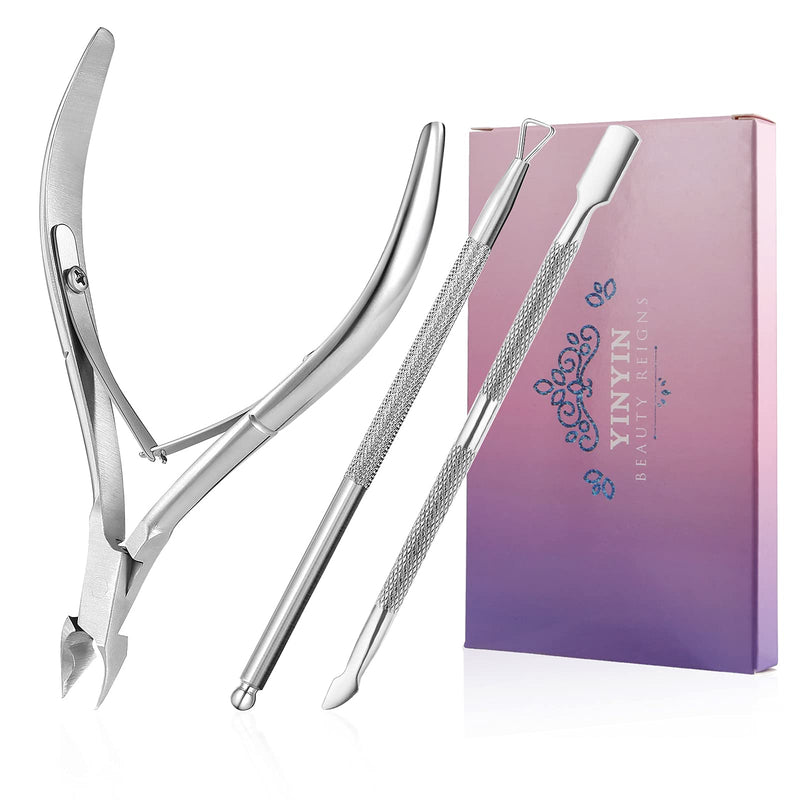 [Australia] - Cuticle Trimmer with Cuticle Pusher -YINYIN Cuticle Remover Cuticle Nippers Professional Stainless Steel Cuticle Pusher and Cutter Clippers Durable Pedicure Manicure Tools for Fingernails and Toenails Silver 