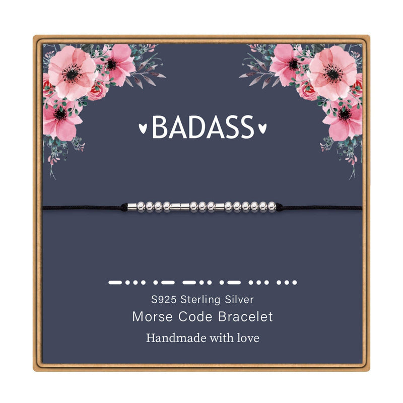 [Australia] - MONOZO Morse Code Bracelets for Women, S925 Sterling Silver Beads Morse Code Strand Bracelets Inspirational Gifts Jewelry Girls Birthday Graduation Gifts for Her Best Friends "BADASS" 