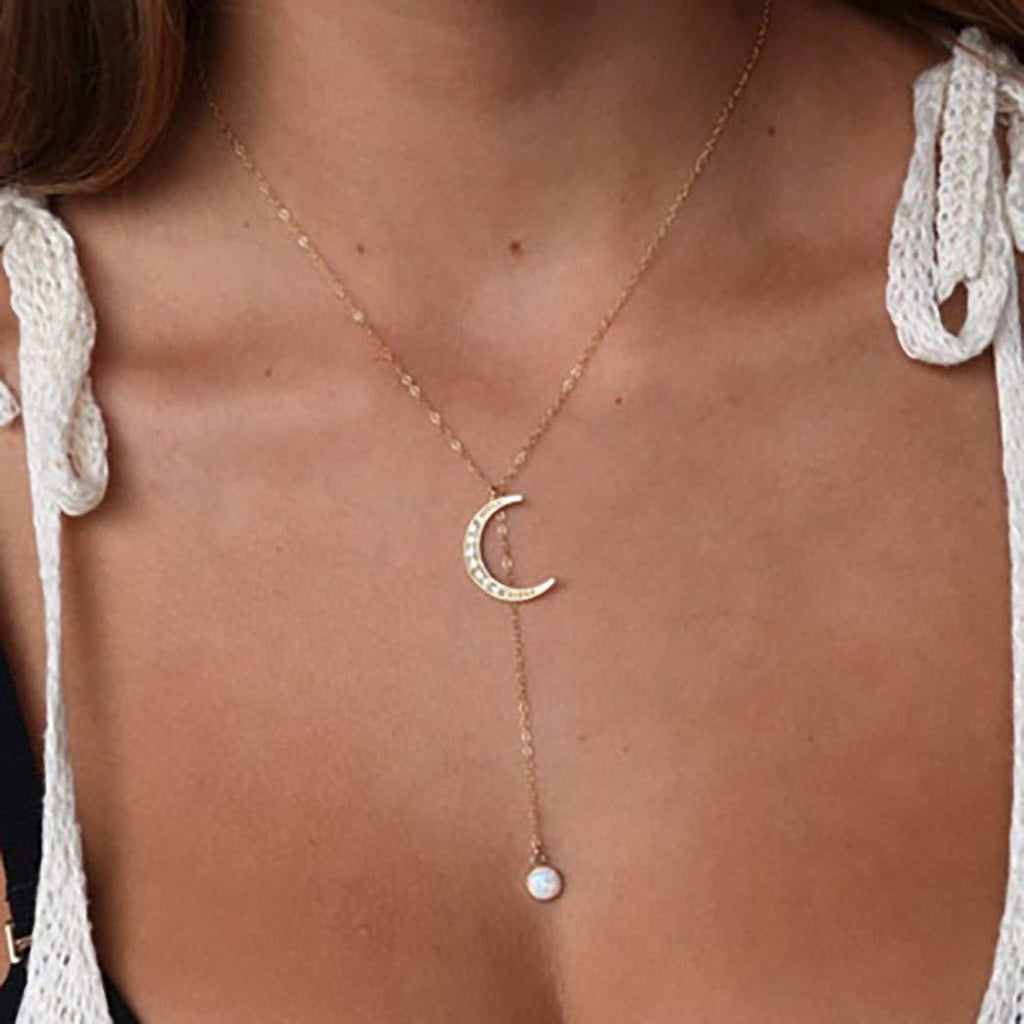 [Australia] - Ibliss Boho Moon Pendant Necklace Chain Gold Pearls Y Necklace Crystal Necklaces Jewelry for Women and Girls 