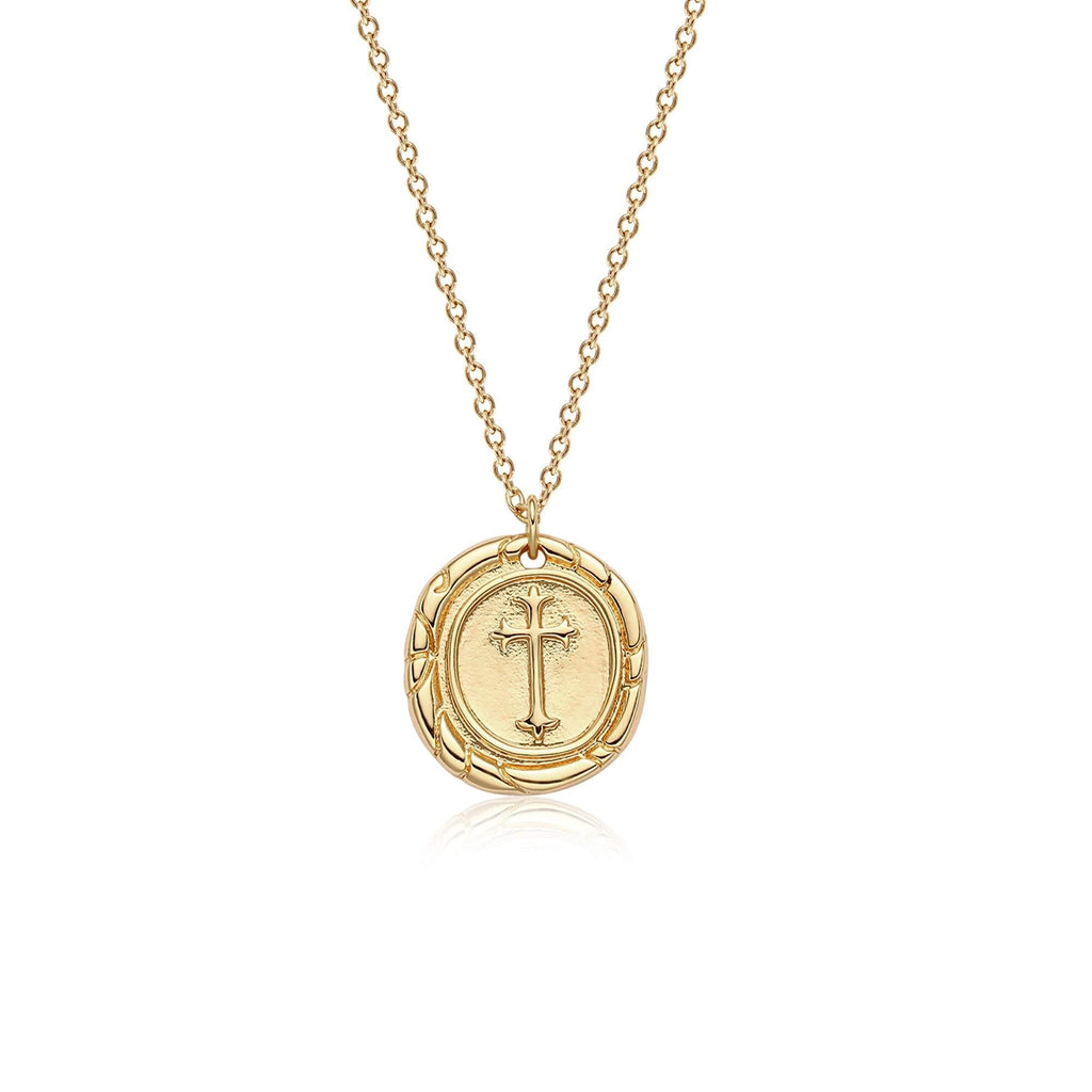 [Australia] - VACRONA Coin Necklace 18k Gold Plated Vintage Textured Medallion Coin Pendant Round Circle Disk Dainty Necklace for Women cross pattern 