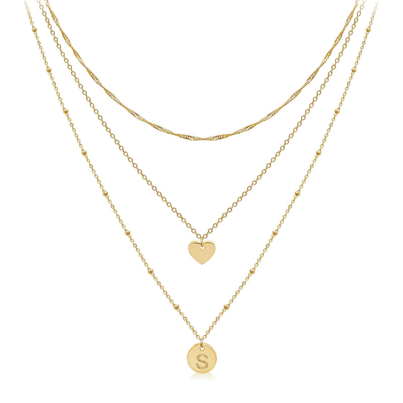 [Australia] - Dainty Layered Initial Choker Necklaces Handmade 14K Gold Plated Personalized Letter Name Disc Heart Pendant Adjustable Layering Gold Chain Necklaces for Women Girls Gift Jewelry S 