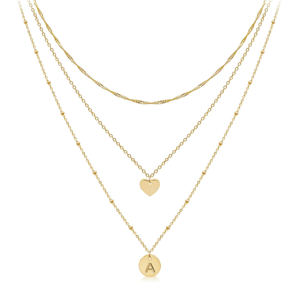 [Australia] - Dainty Layered Initial Choker Necklaces Handmade 14K Gold Plated Tiny Heart Personalized Letter Disc Pendant Adjustable Chain Layering Gold Necklaces for Women Girls Gift Jewelry A 