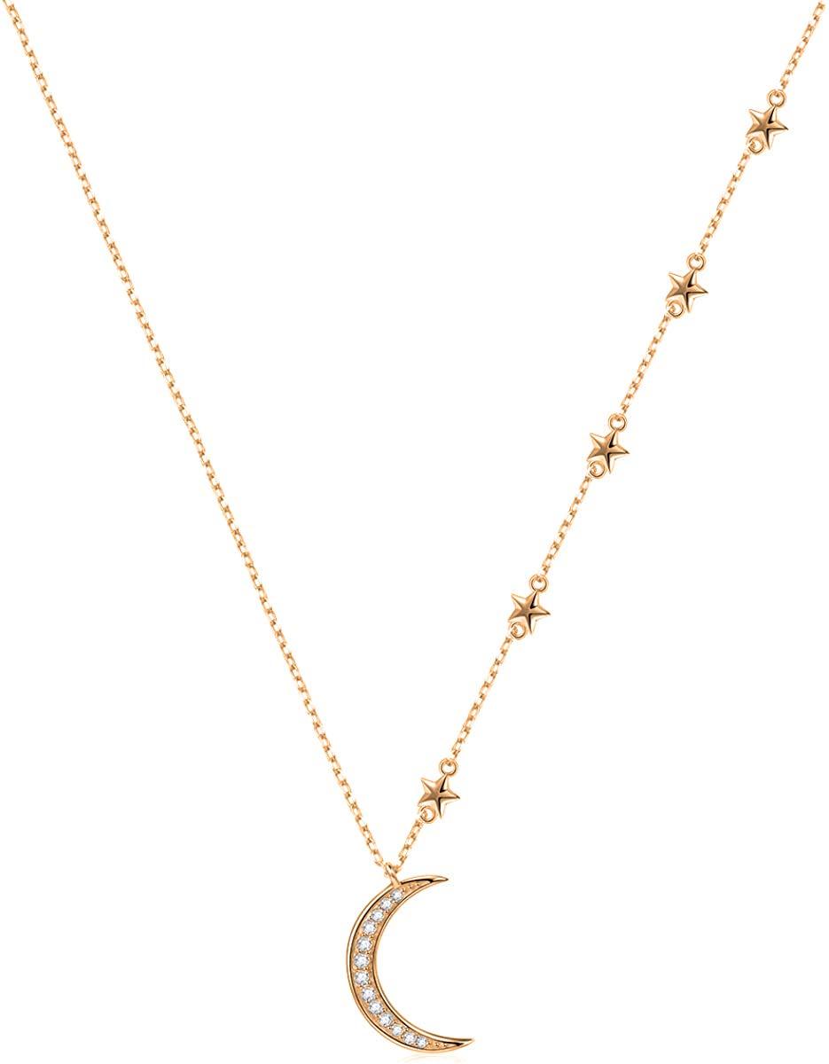 [Australia] - Savlano 14K Gold Plated Cubic Zirconia Round Cut Moon & Stars 18 Inches Pendant Chain Necklace for Women & Girls Yellow Gold 